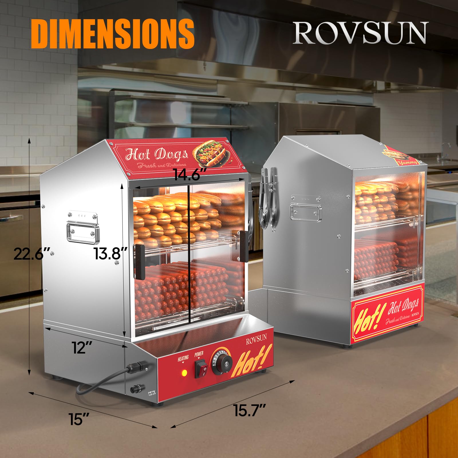 ROVSUN 42.3QT/40L Commercial Hot Dog Steamer - 2-Tier Hot Dog Warmer with Bun Heater for 235 Hot Dogs & 50 Buns - Removable Shelves & Food Clip - Perfect for Parties, Events, Concession Stands & Food Trucks