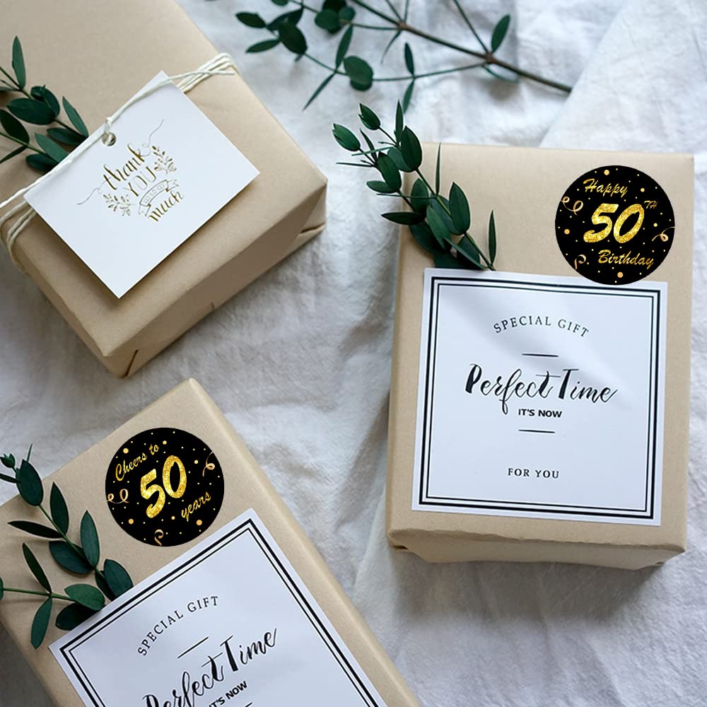 REWIDPARTY Black Gold 50th Birthday Stickers Rolls - 500 Cheers to 50 Years Adhesive Party Stickers for Birthday & Anniversary Decorations - Perfect for Party Favors, Cake Toppers & Gift Wrapping