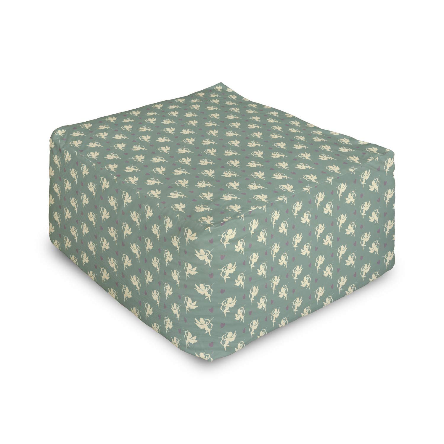 Ambesonne Green Rectangle Pouf Ottoman - Greek Inspired Cupid & Hearts Print Foot Stool - 25 Inch Jade Green Purple Cream - Perfect for Living Room, Office & Under Desk Use