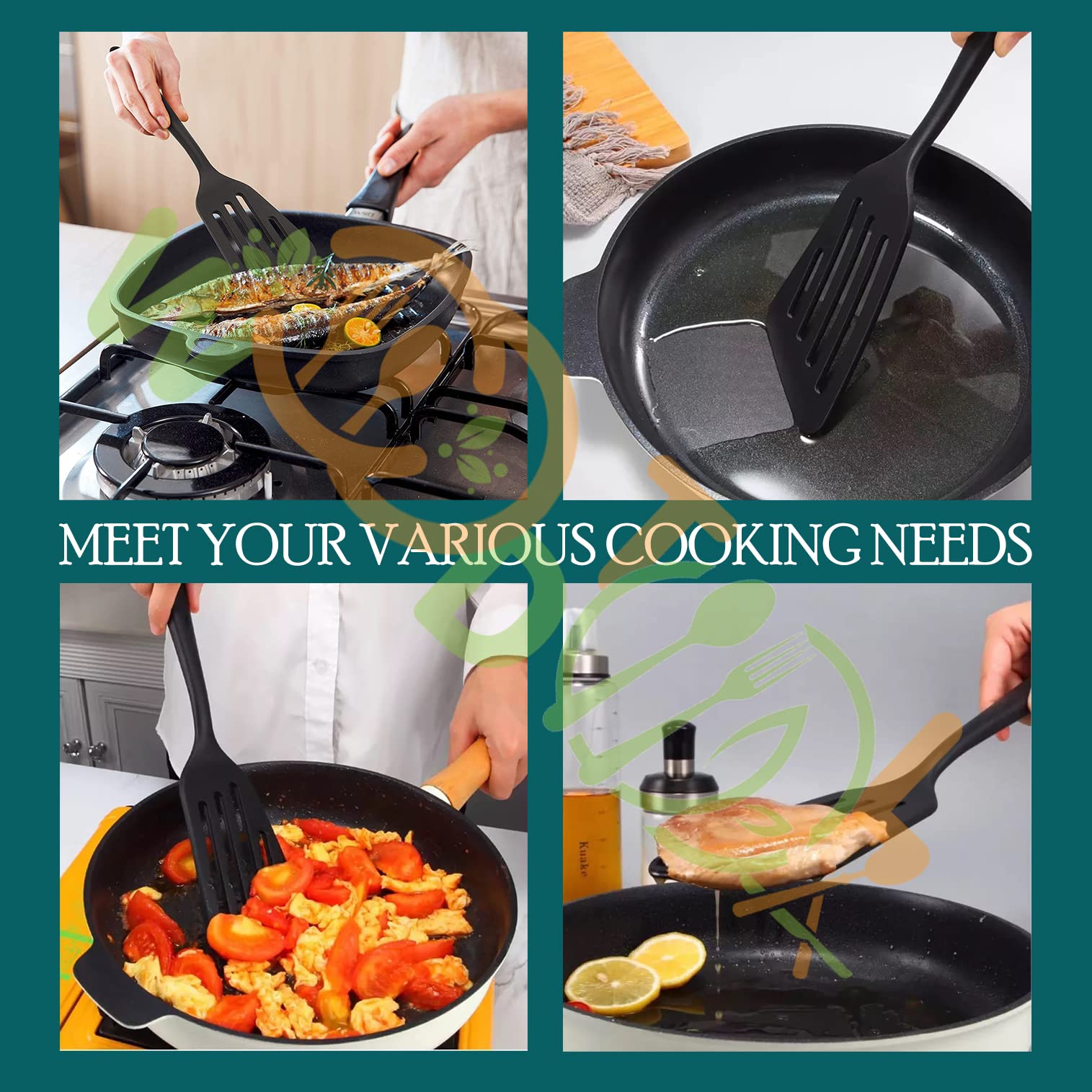 WOODTULA Flexible Silicone Spatula Set - Non-Stick Slotted Turner for Fish, Eggs, Pancakes - Heat Resistant Kitchen Utensil (Black) - Perfect for Flipping, Cooking & Serving in Restaurants or Home Kitchens