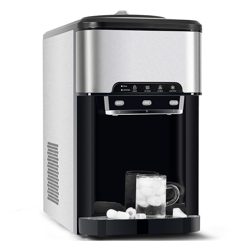 Automatic Countertop Ice Maker with Water Dispenser - 6-Minute Quick Ice Making, Hot & Cold Water Options, Top Loading & Bottleless Design - Perfect for Home, Office, and RV Use
