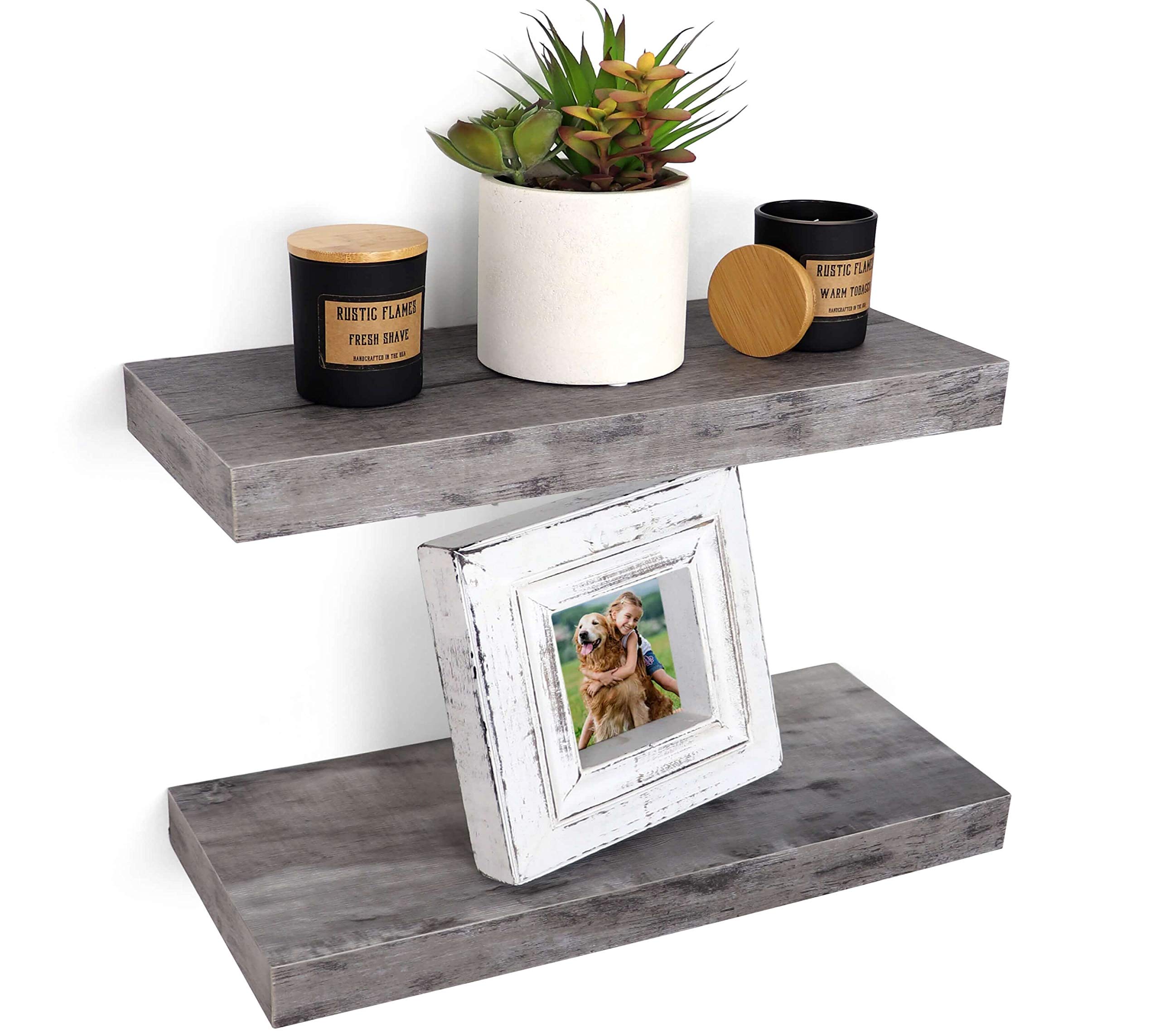 Floating Shelves Set of 2 - 16 Inch Grey Wall Mounted Rustic Shelves for Bedroom, Living Room, Kitchen & Bathroom Decor - Perfect for Displaying Books, Plants & Home Decor Items