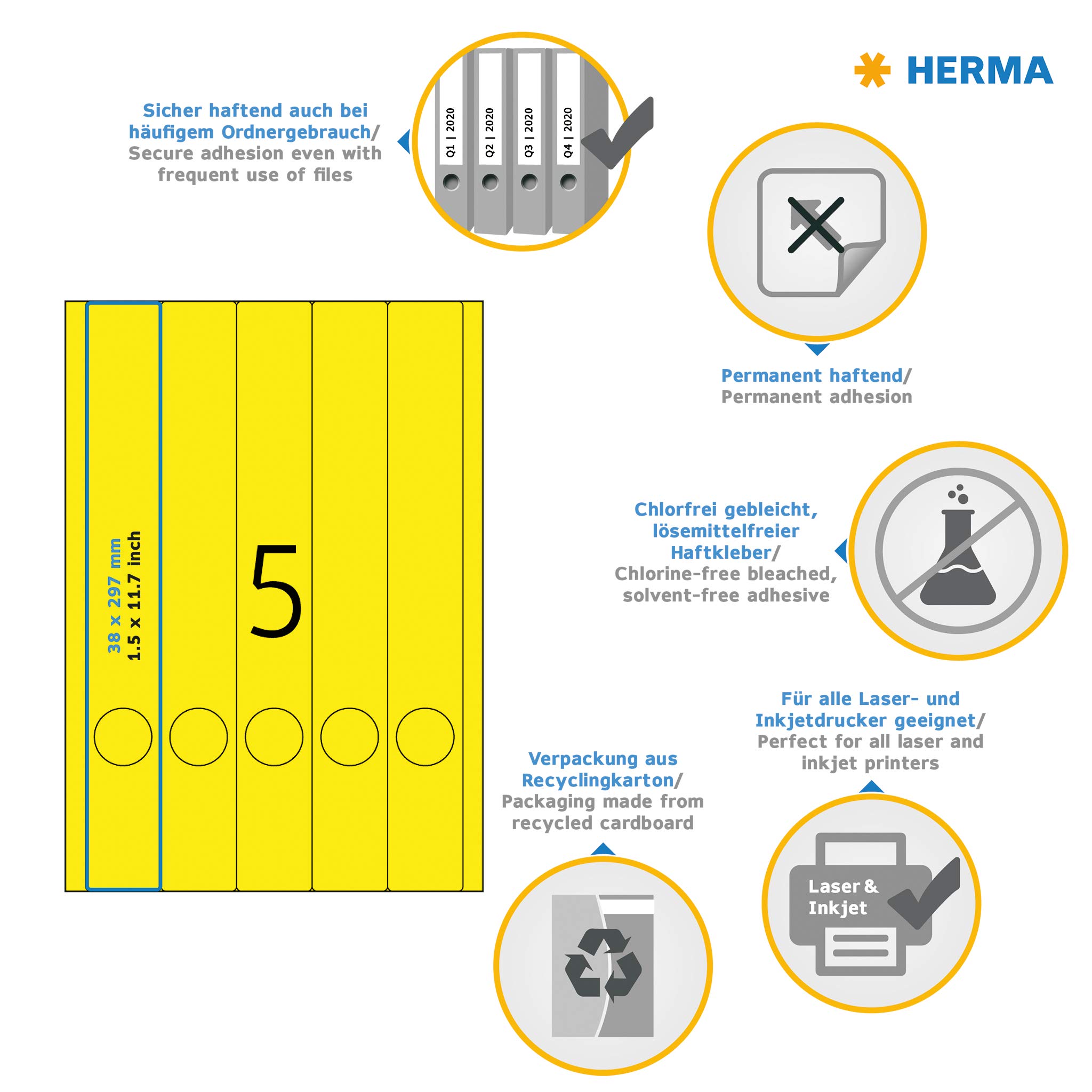 HERMA Self Adhesive Spine Labels - 100 Blank Yellow File Folder Stickers (5 Labels per A4 Sheet, 20 Sheets, 38x297mm) for Laser & Inkjet Printers - Perfect for Office Organization, Filing Systems & Document Management