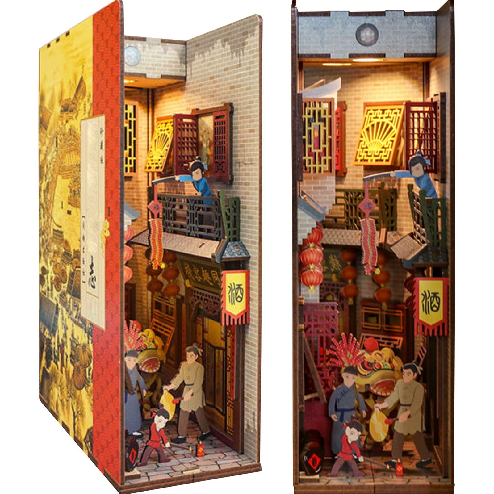 HMLOPX 3D Wooden Puzzle Dollhouse DIY Book Nook - Bookshelf Insert with Sensor Light, Bookends Model Kit for Home Decor - Miniature Gift for Kids & Adults (Ming & Qing Dynasties Style) | Perfect for Bookshelf Decoration, Reading Nooks & Unique Home Gifts