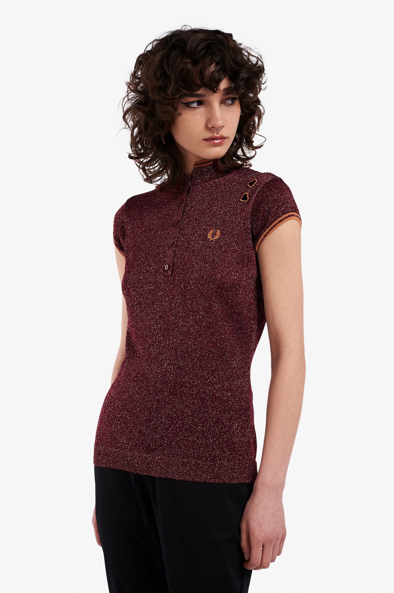 Amy Winehouse Oxblood Metallic Knitted Shirt - Vintage Inspired Women's Top for Concerts, Parties & Retro Fashion Outfits