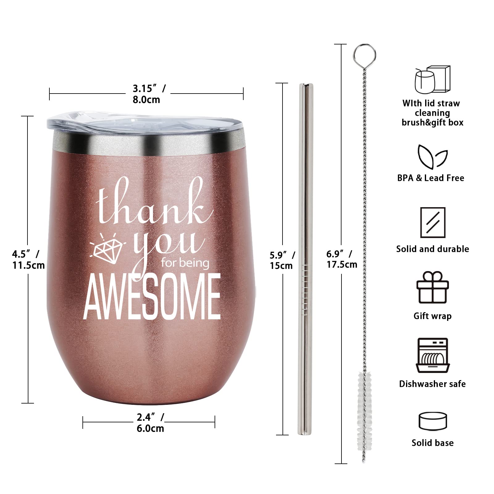 Thank You Wine Tumbler 12oz with Lid & Straw - Rose Gold Insulated Cup for Women, Men, Coworkers | Perfect Birthday, Christmas, Thanksgiving Gift | Great for Office, Home, Travel & Outdoor Use