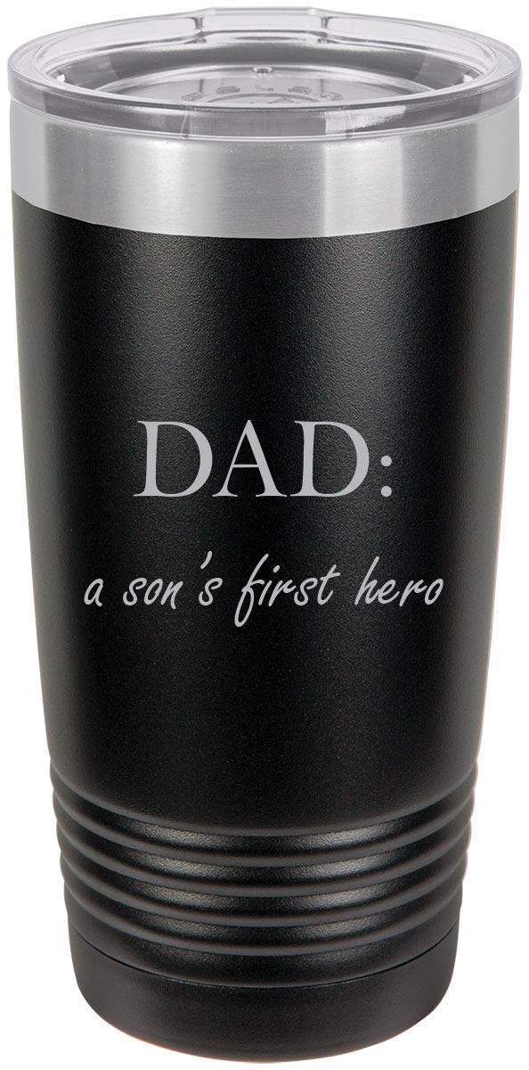 Stainless Steel Engraved Insulated Tumbler 20oz - 'Dad: A Son's First Hero' Travel Coffee Mug, Black - Perfect for Father's Day Gifts, Office Use & Outdoor Adventures