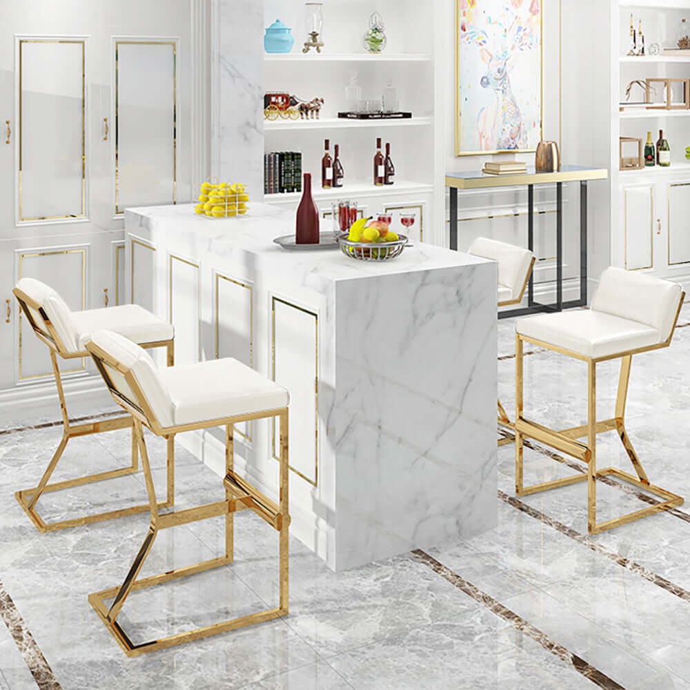 White PU Leather Bar Stool & Counter Stool with Gold Legs and Footrest - Modern Kitchen Island & Home Bar Seating for Dining & Entertaining