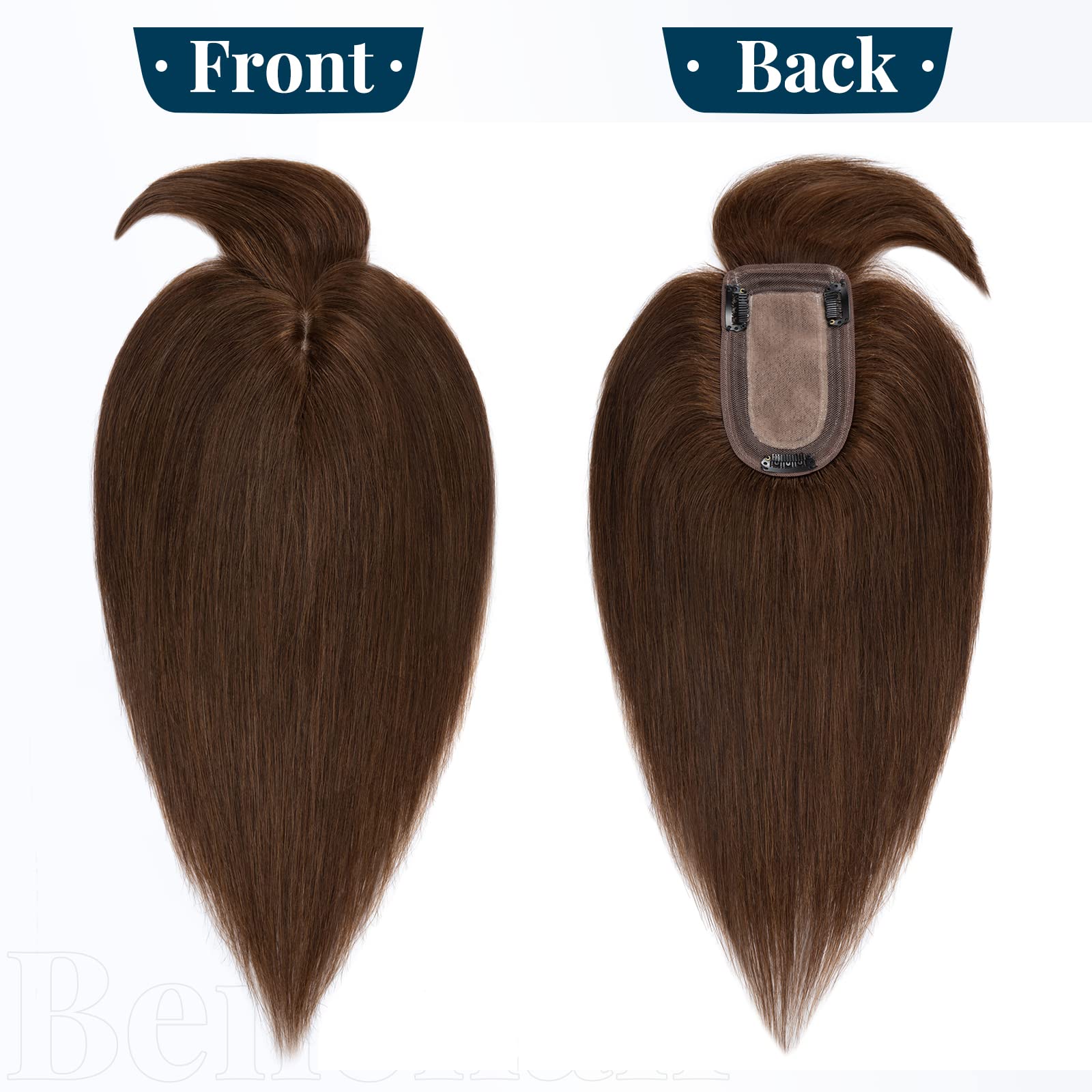 Benehair Clip-in Topper Hair Extension – 12 Inch Human Hair with Thin Bangs, Handmade Silk Base, Straight & Soft for Women with Hair Loss (Medium Brown #4) – Perfect for Daily Wear, Parties & Special Occasions