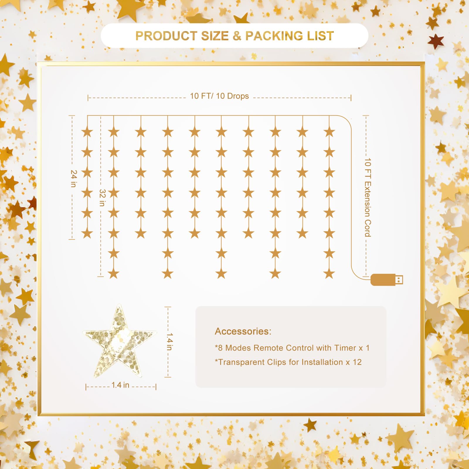 70 LED Star Curtain Lights Warm White - Remote Control Fairy Twinkle String Lights for Window, Bedroom, Wall & Ceiling Decor - Perfect for Christmas, Wedding, Party & Birthday Celebrations - Create Magical Ambiance for Indoor & Outdoor Events