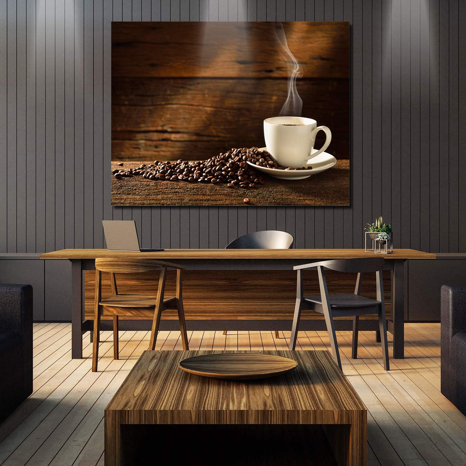 Coffee Cup & Beans Canvas Wall Art - 24x36 Inch Modern Gallery Wrapped Framed Print - Ready to Hang Home & Office Decor - Perfect for Kitchen, Cafe, Living Room & Bedroom