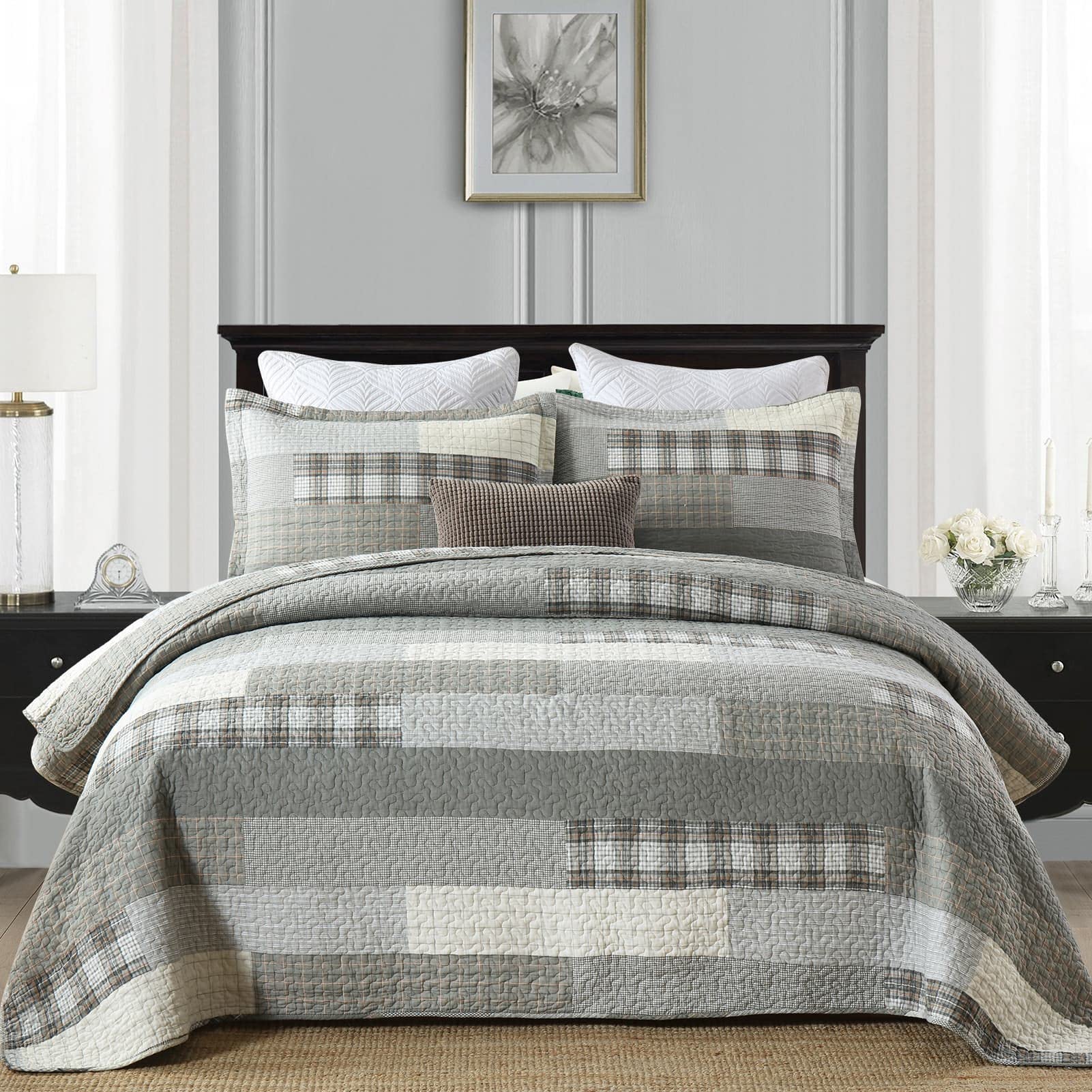 100% Cotton King Size Quilt Set - Soft Plaid Bedspread & Farmhouse Style Bedding | 3-Piece All Season Comforter Set for Master Bedroom, Guest Room & Cozy Home Decor