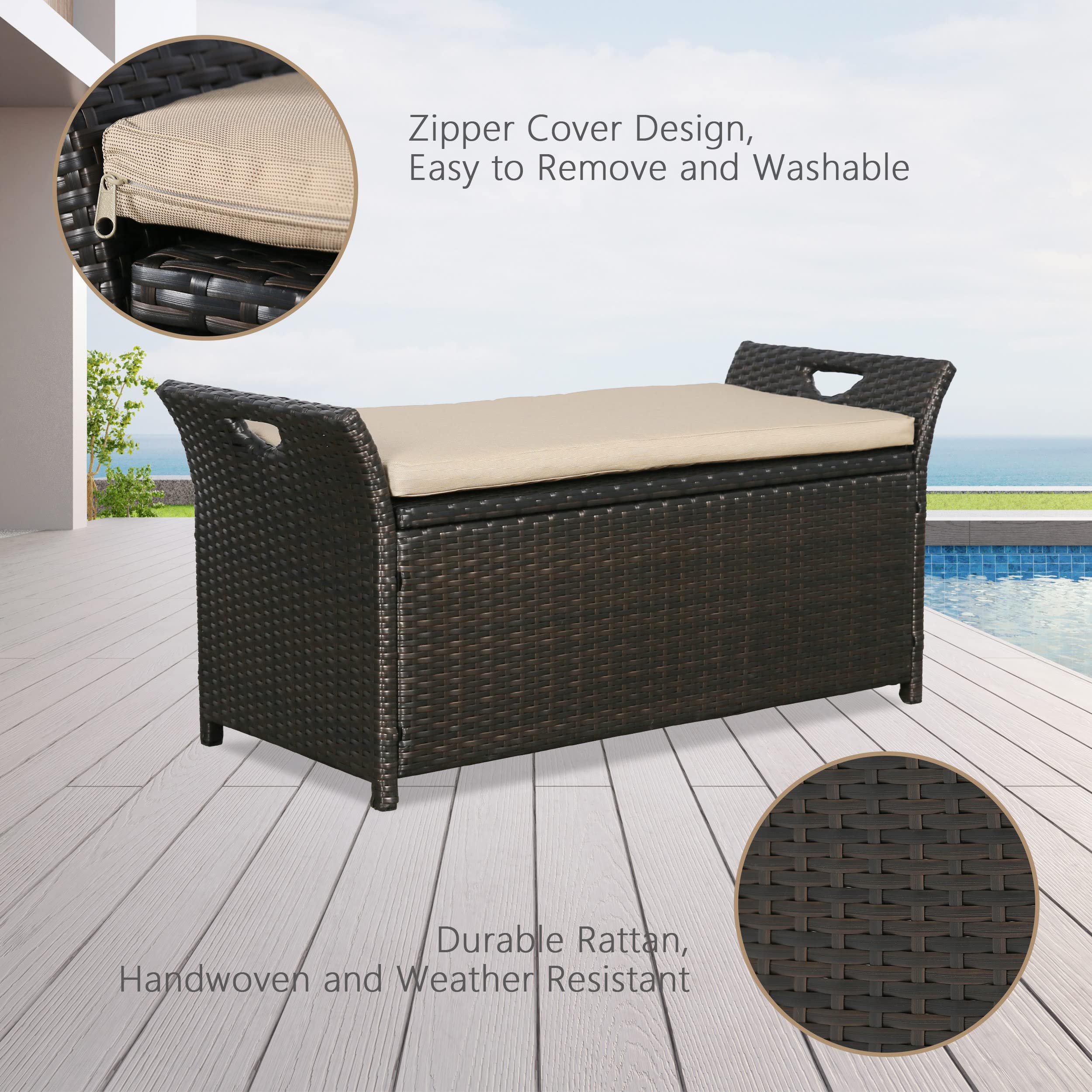 Outdoor Wicker Storage Bench with Cushion - Rattan Deck Box for Patio Furniture, Beige - Perfect for Garden, Poolside & Backyard Organization