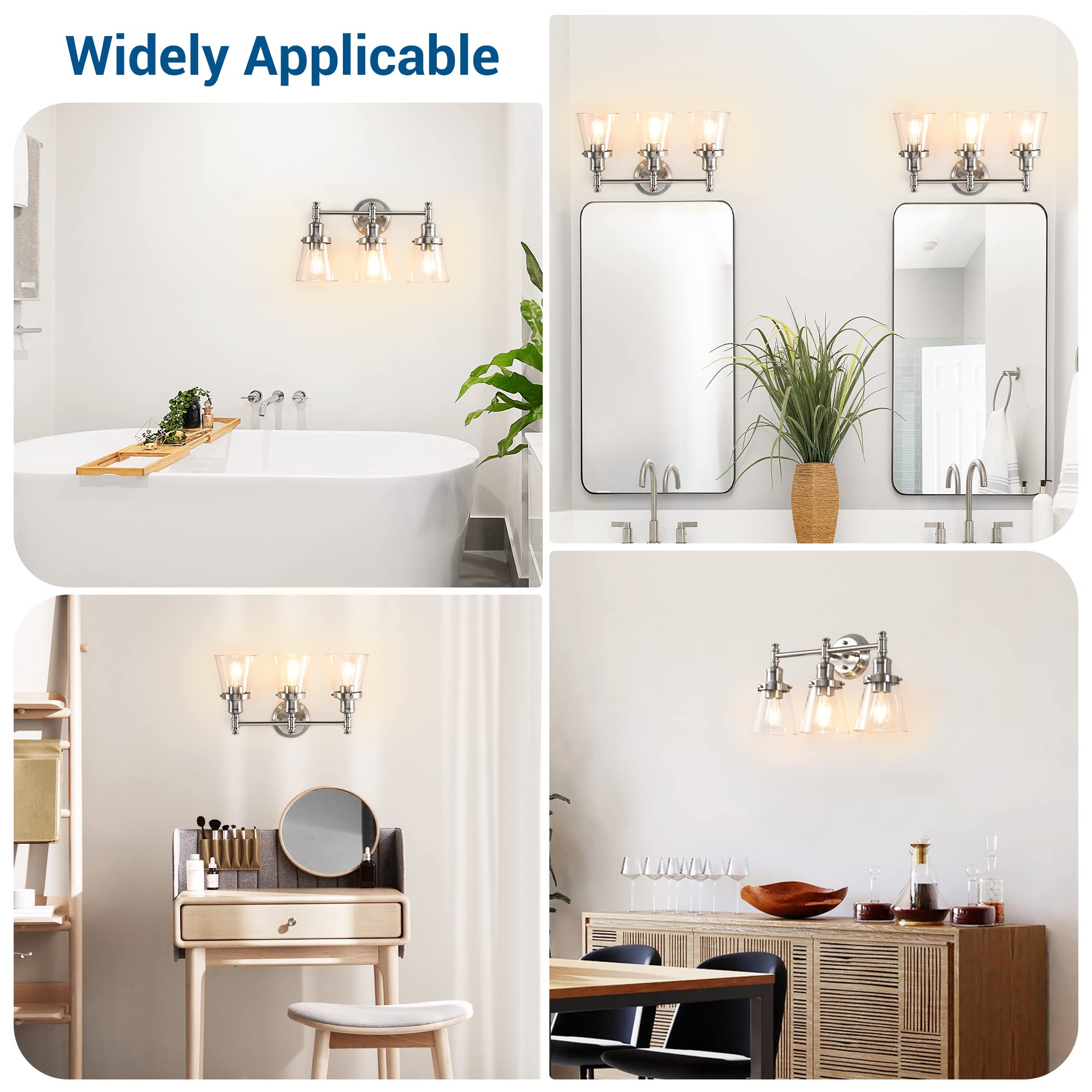 DEWENWILS 5-Piece Bathroom Light Fixture Set - Brushed Nickel Vanity Light with Glass Shades, Towel Bar, Ring, Robe Hook & Toilet Paper Holder | Complete Bathroom Lighting & Accessories for Modern Homes | Perfect for Bathroom Renovation & Spa-Like Atmosphere