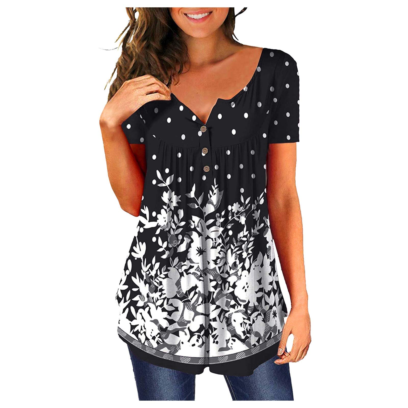 Women's 3/4 Bell Sleeve Blouse - Summer Crewneck Lace Tops with Floral Textured Design | Comfortable Babydoll Shirts for Casual Wear, Office & Date Nights
