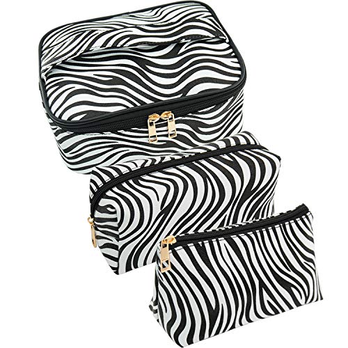 3 Pack Waterproof Zebra Print Makeup Bag - Portable Travel Toiletry Organizer for Cosmetics & Brushes - Perfect for Women, Girls & Men - Ideal for Travel, Gym, Beach & Daily Use
