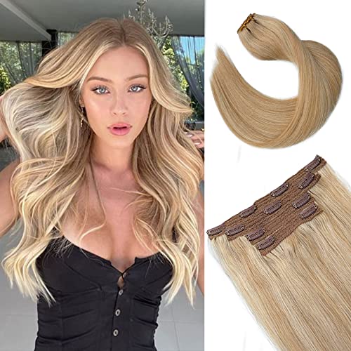 Licoville Clip-In Human Hair Extensions – Balayage Blonde 14 Inch Double Weft (100g 4pcs) | Invisible Lace Real Hair Extensions with Golden & Bleach Blonde Highlights | Perfect for Parties, Weddings & Everyday Styling