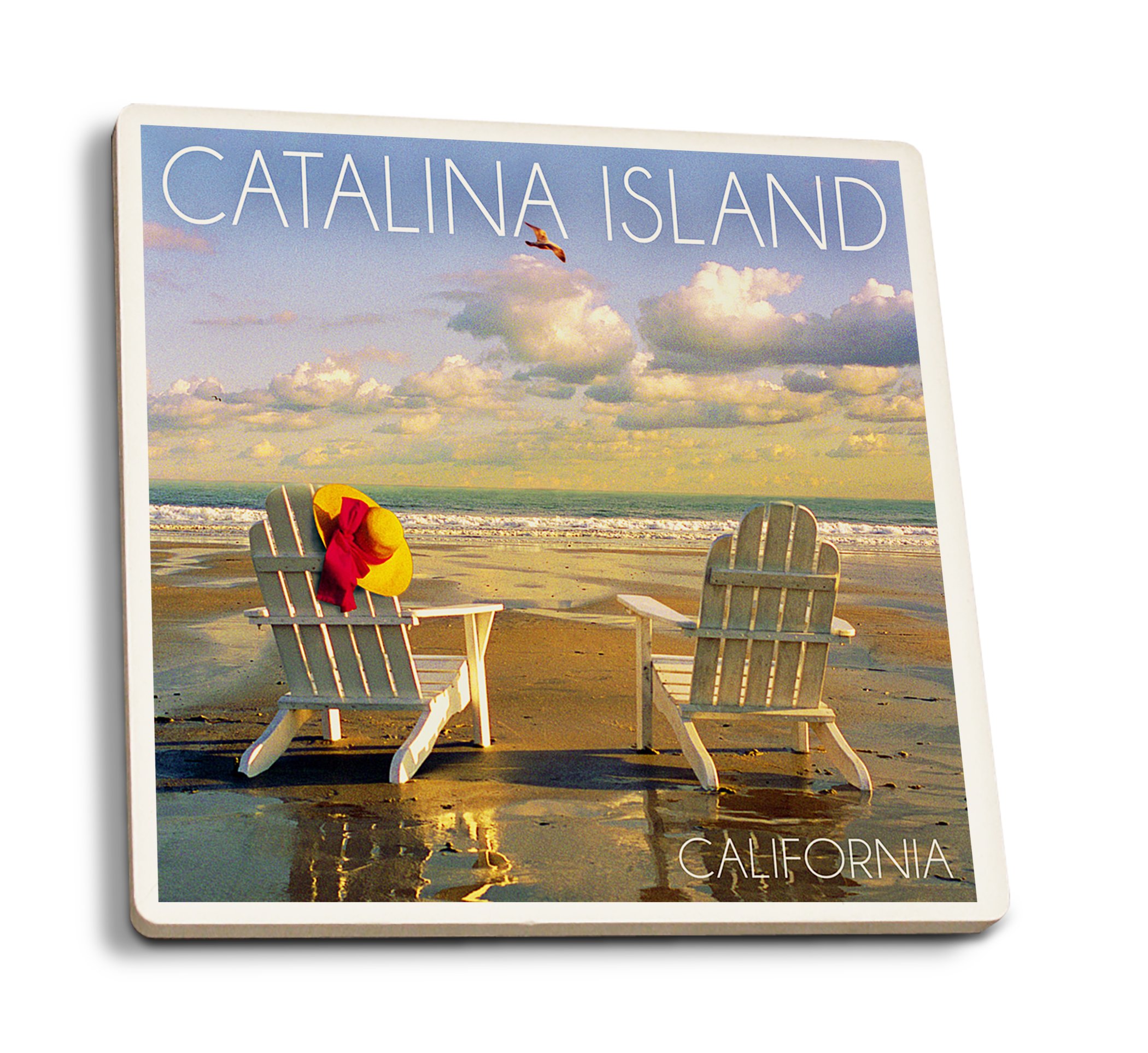 California Catalina Island Beach Adirondack Chairs Ceramic Coasters Set of 4 - Absorbent Cork Backed Drink Coasters for Kitchen Table & Home Decor - Perfect for Beach House, Patio, and Outdoor Entertaining