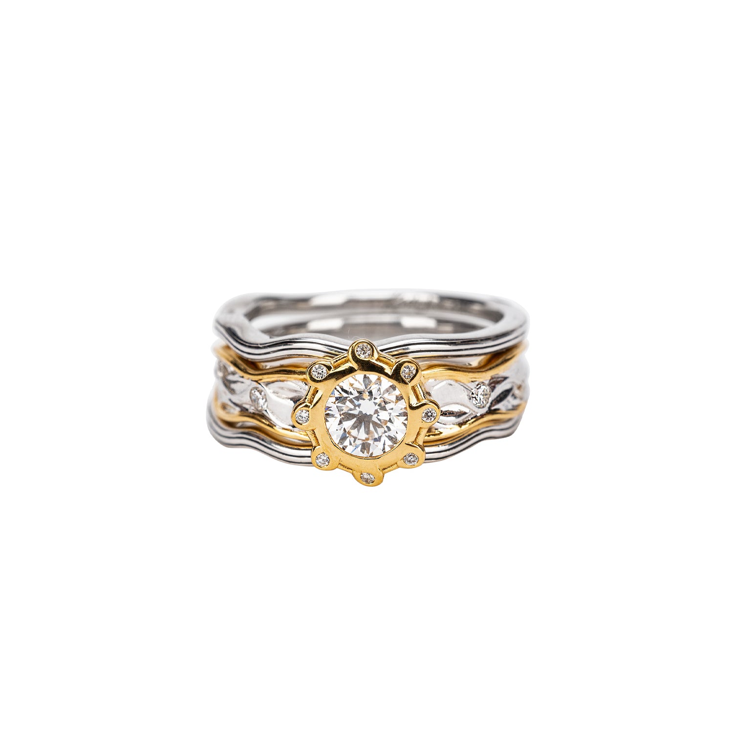 Silver & 10k Gold Rocks 'n Rivers 3-Piece Ring Set with White Moissanite Stones | Elegant Stackable Rings for Women, Perfect for Weddings, Anniversaries & Everyday Wear