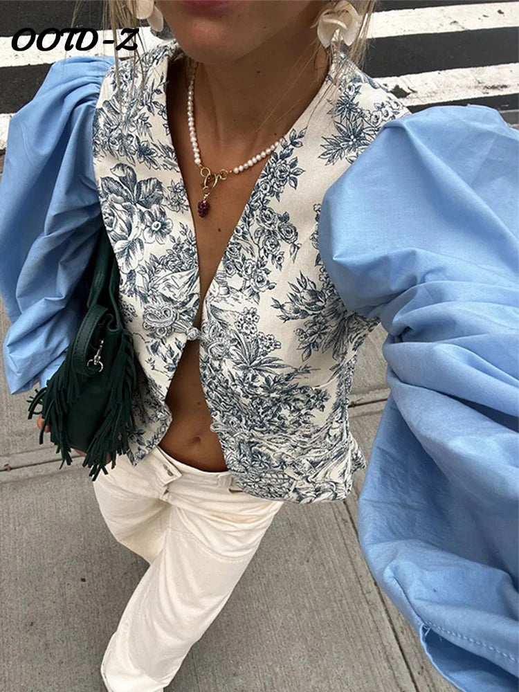 Women's Fashion Print Lantern Sleeve Shirt - Loose Fit Button Down V-Neck Split Top - Summer Patchwork Blue Streetwear Blouse for Casual Outings & Boho Style
