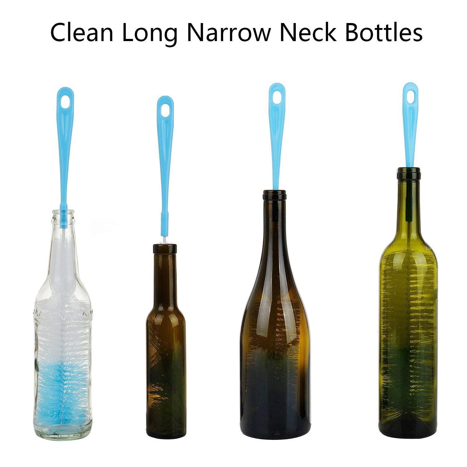 MOOLYAVAAN Long Bottle Cleaning Brush Set of 2 - Stainless Steel Handle with Nylon Bristles for Glass & Plastic Bottles - Perfect for Water Bottles, Baby Bottles, Thermos & Travel Mugs - Blue