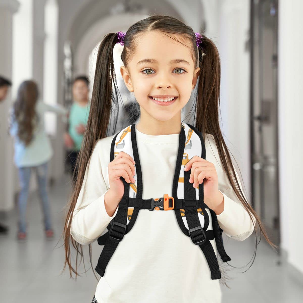 **Personalized Preschool Backpack with Adjustable Chest Strap - Custom Name/Text Daycare Bag for Kids | Durable Industrial Car, Excavator & Trucks Design on White Nursery Diaper Bag | Perfect for Daycare, Travel & Outdoor Adventures**