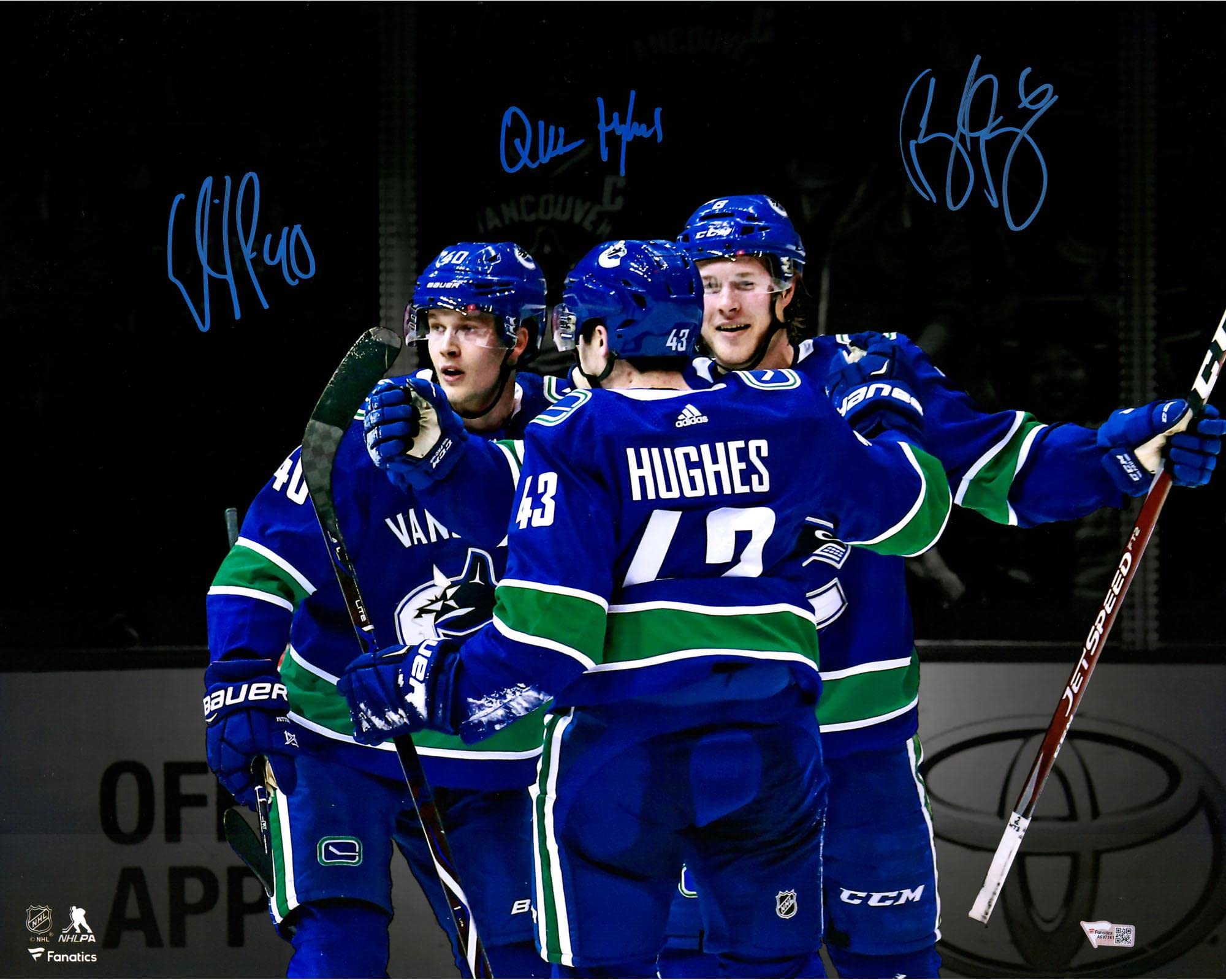 Vancouver Canucks Autographed 16x20 Spotlight Photo - Elias Pettersson, Brock Boeser & Quinn Hughes Signed NHL Memorabilia - Perfect for Hockey Fans, Man Cave Decor & Sports Collectibles