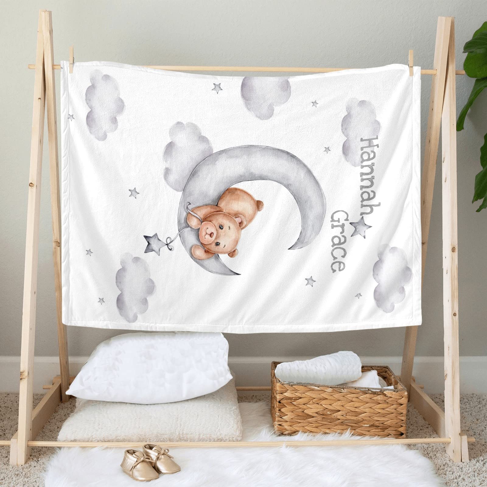 Personalized Baby Blanket with Soft Teddy Bears, Moon & Stars - Custom Name Blanket for Baby Shower, Nursery, Toddler Bed, Stroller & Crib - 30x40 Inch Cozy Blanket for Newborns, Infants & Kids Gift