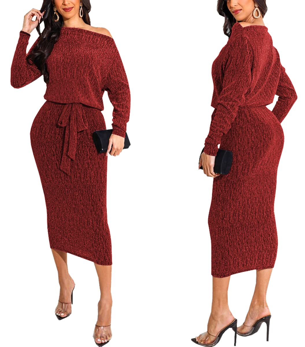 Sparkly Sequin Cocktail Dress for Women - Long Sleeve Glitter Party Dress, Elegant Midi Clubwear for Night Out, Holiday Party & Special Occasions