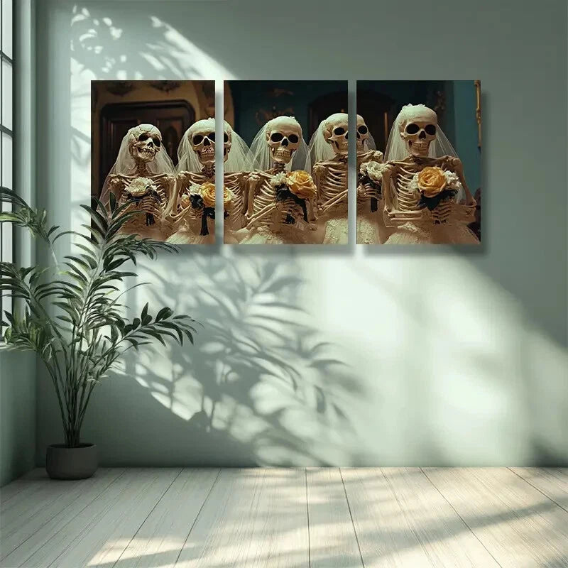 3-Piece Skull Brides Group Art Painting - Metal Print Wall Decor - Ready to Hang - Gothic Home Decor for Living Room, Bedroom & Office