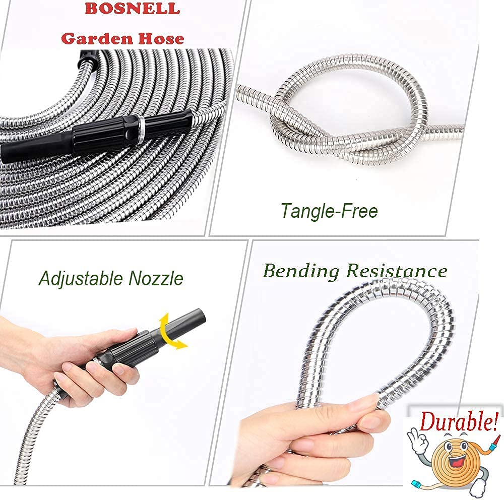Premium Stainless Steel Metal Garden Hose - 10FT Ultra Flexible & Tangle-Free Water Hose with Nozzle - Perfect for Lawn Care, Car Washing & Outdoor Watering