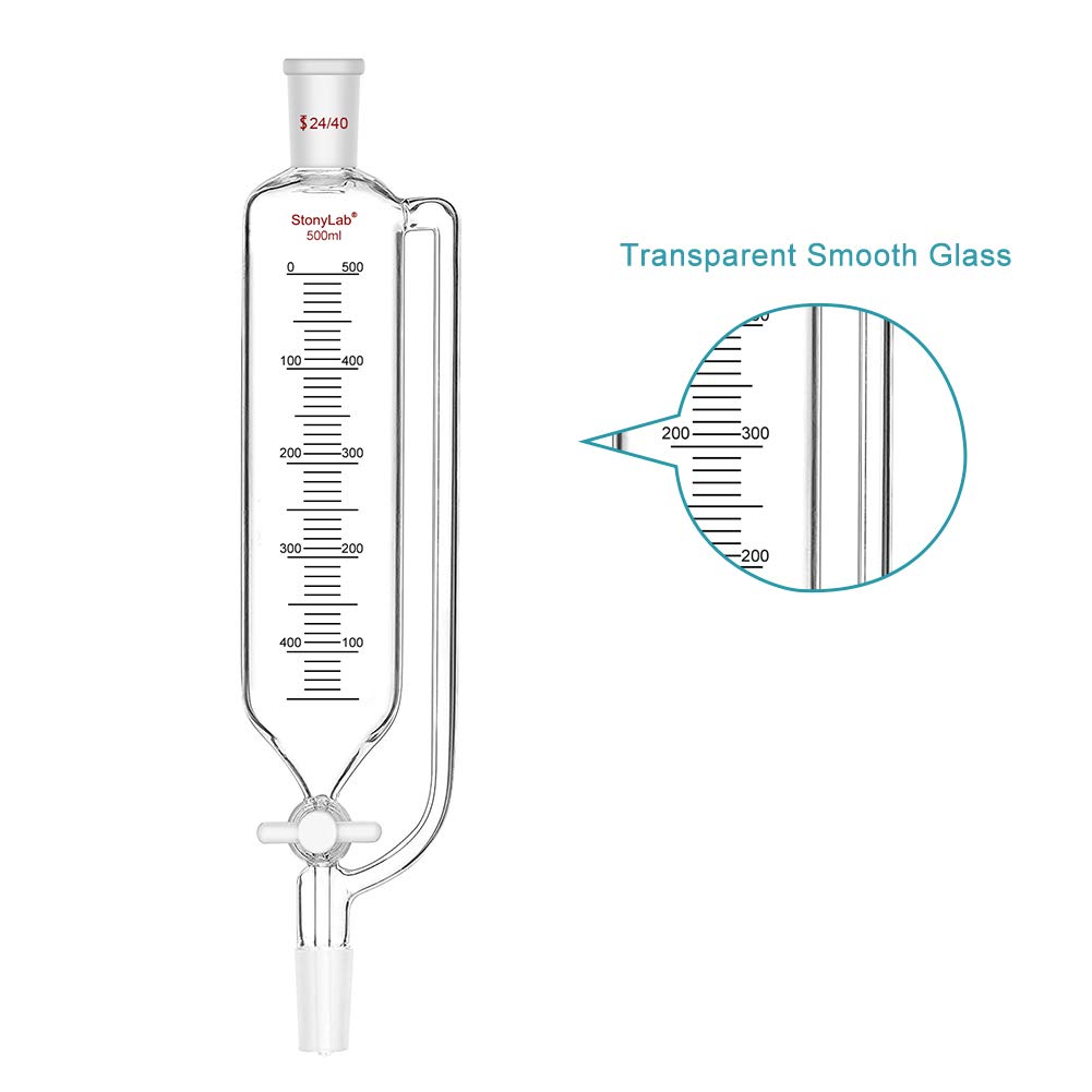 Stonylab 500ml Pressure Equalizing Funnel & Lab Stand Set - Graduated Addition Funnel with Steel Support Stand, Rod, 4-Prong Burette Clamp, Retort Ring & 2 Boss Heads - Perfect for Chemistry Experiments, Titration & Laboratory Research