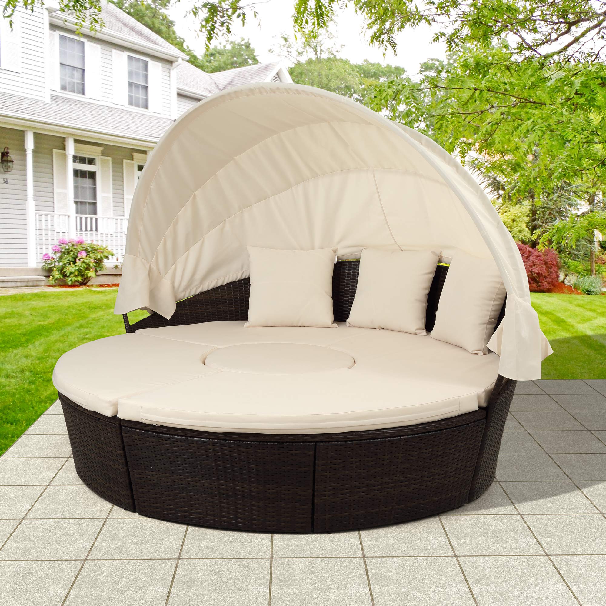 **Outdoor Patio Furniture Set - Round Sectional Sofa with Retractable Canopy, UV-Resistant Resin Wicker Daybed & Lift Table - Beige & Rattan - Perfect for Poolside, Garden, or Backyard Relaxation**