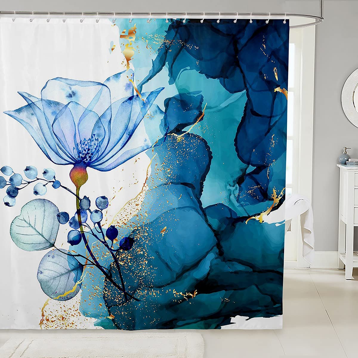 Watercolor Blue Marble Lotus Floral Shower Curtain - 72x78 Inch Waterproof Bathroom Decor with Abstract Botanical Design for Women | Perfect for Modern Bathrooms, Spa Retreats & Guest Baths