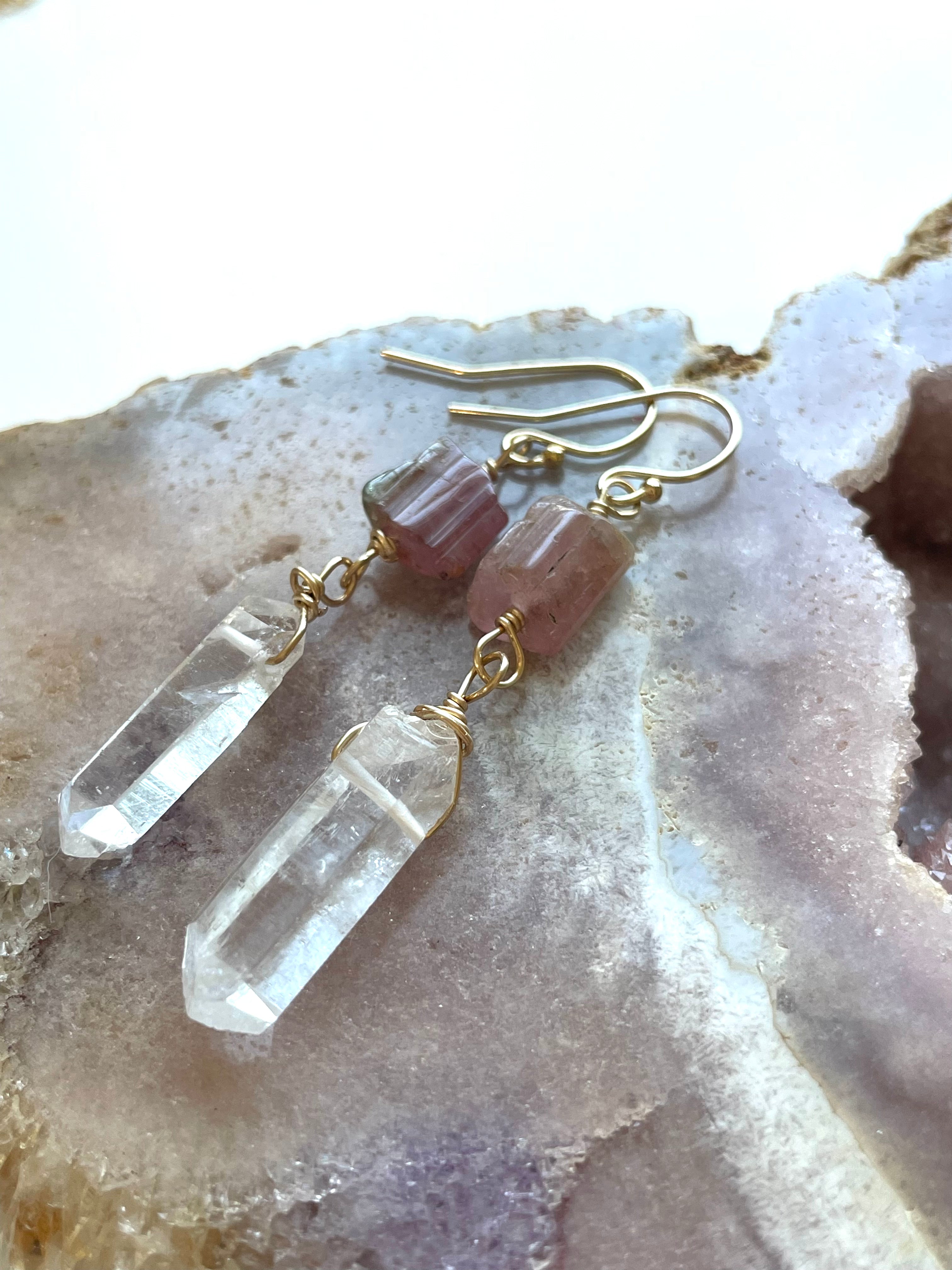 Pink Tourmaline & Clear Quartz Crystal Earrings in Gold Fill - Elegant Boho Jewelry for Women, Gift for Her, Wedding & Party Accessories