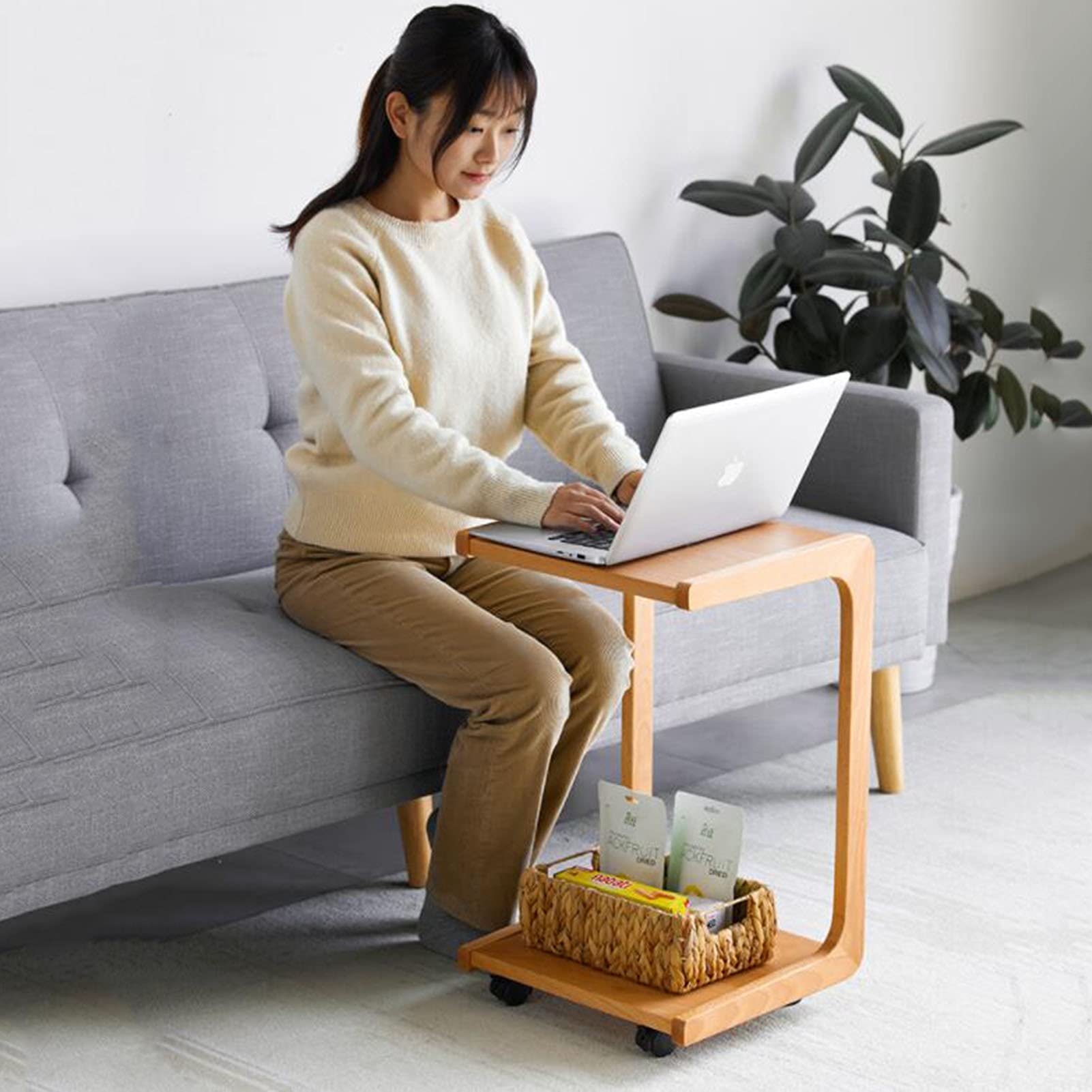 FUFU C-Shaped Side Table with Wheels - 2-Tier Wooden End Table for Sofa, Couch, Bed - Portable Snack Table for Living Room & Bedroom - Perfect for Small Spaces, TV Dinners, and Reading Nooks