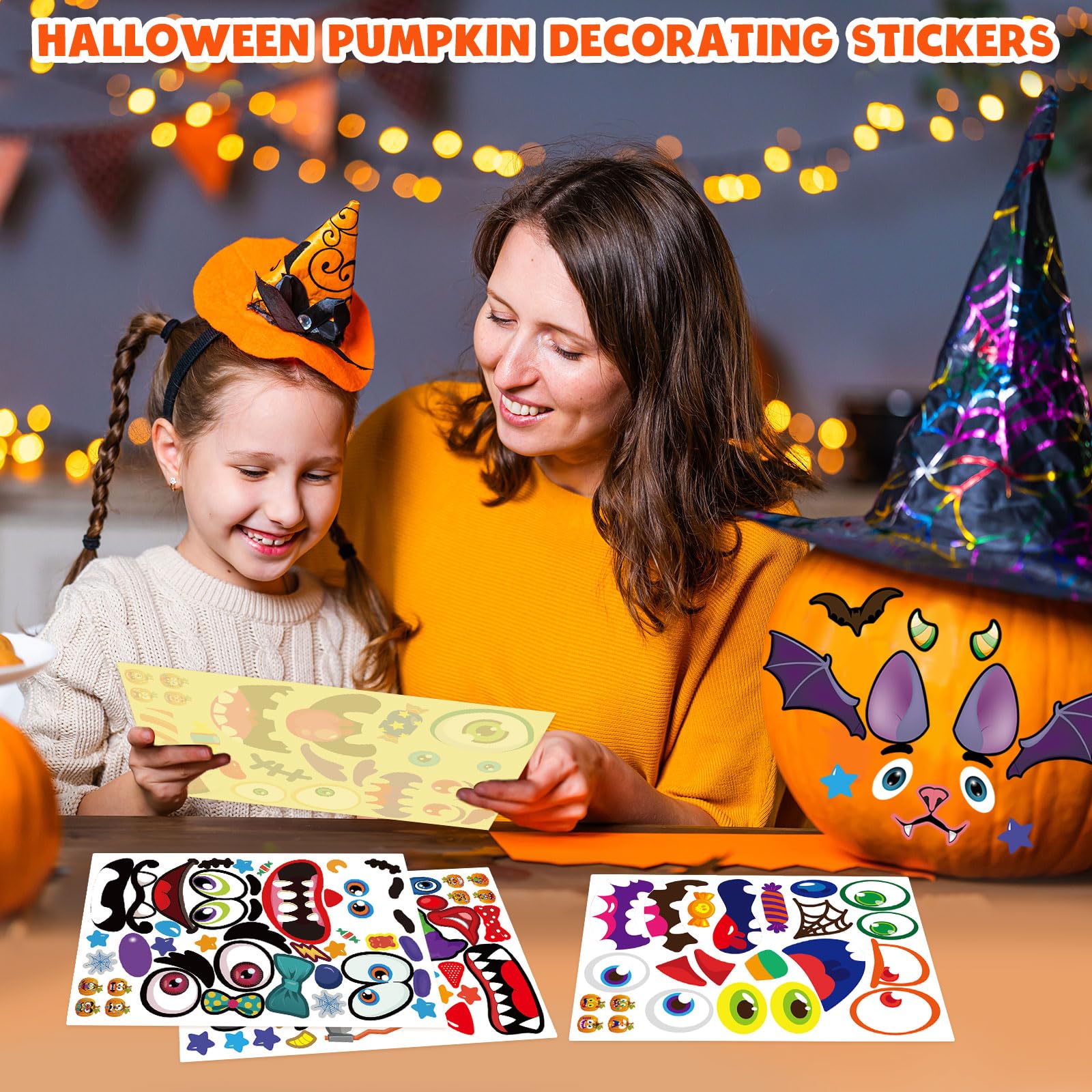 Halloween Stickers for Kids - 48 Large Pumpkin Face Decorating Stickers Bulk Pack | Perfect for Classroom Crafts, Party Favors & DIY Halloween Decorations