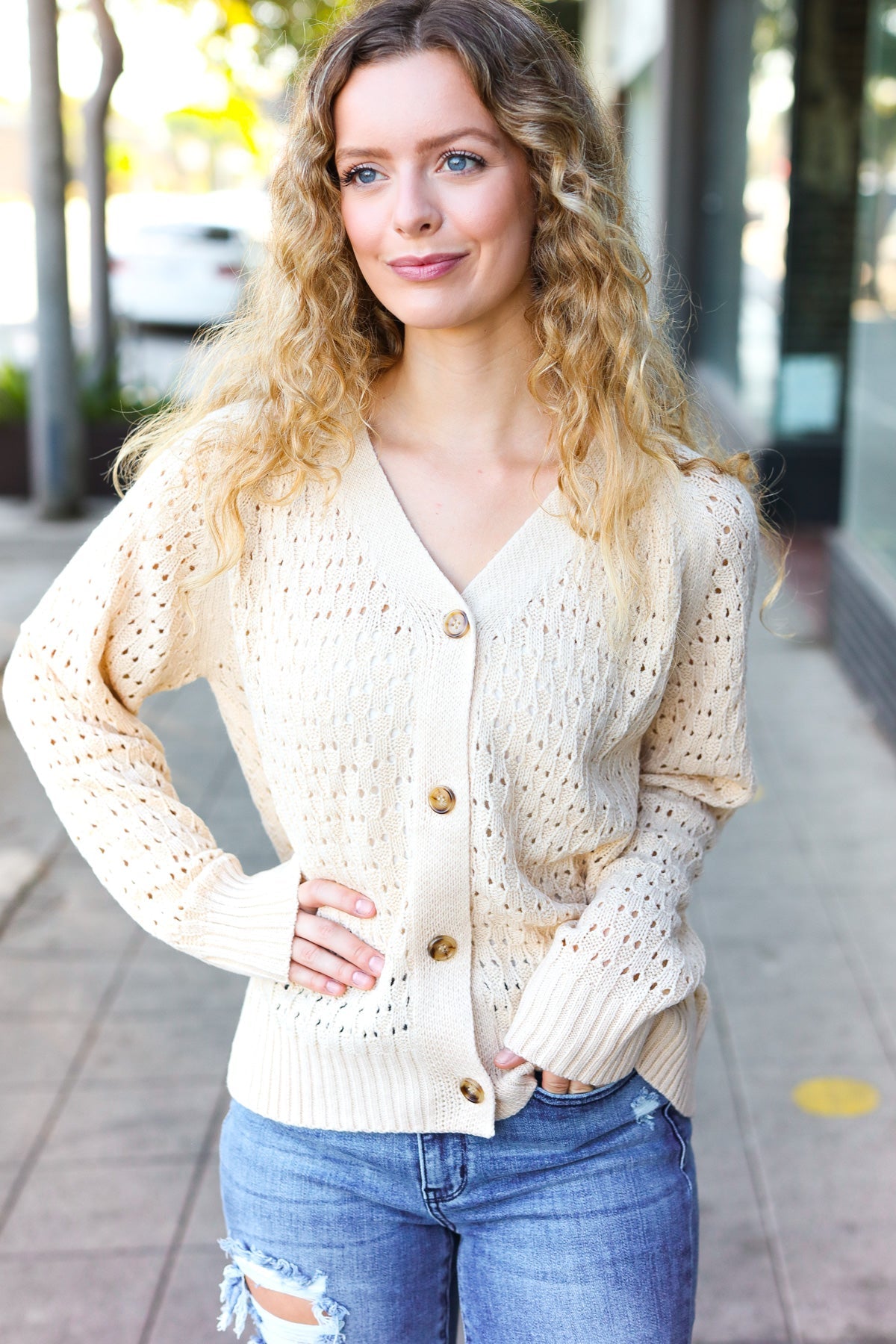 Follow Me Oatmeal Pointelle Knit Button Down Cardigan - Cozy Women's Sweater for Fall & Winter | Perfect for Office, Date Night & Casual Outfits