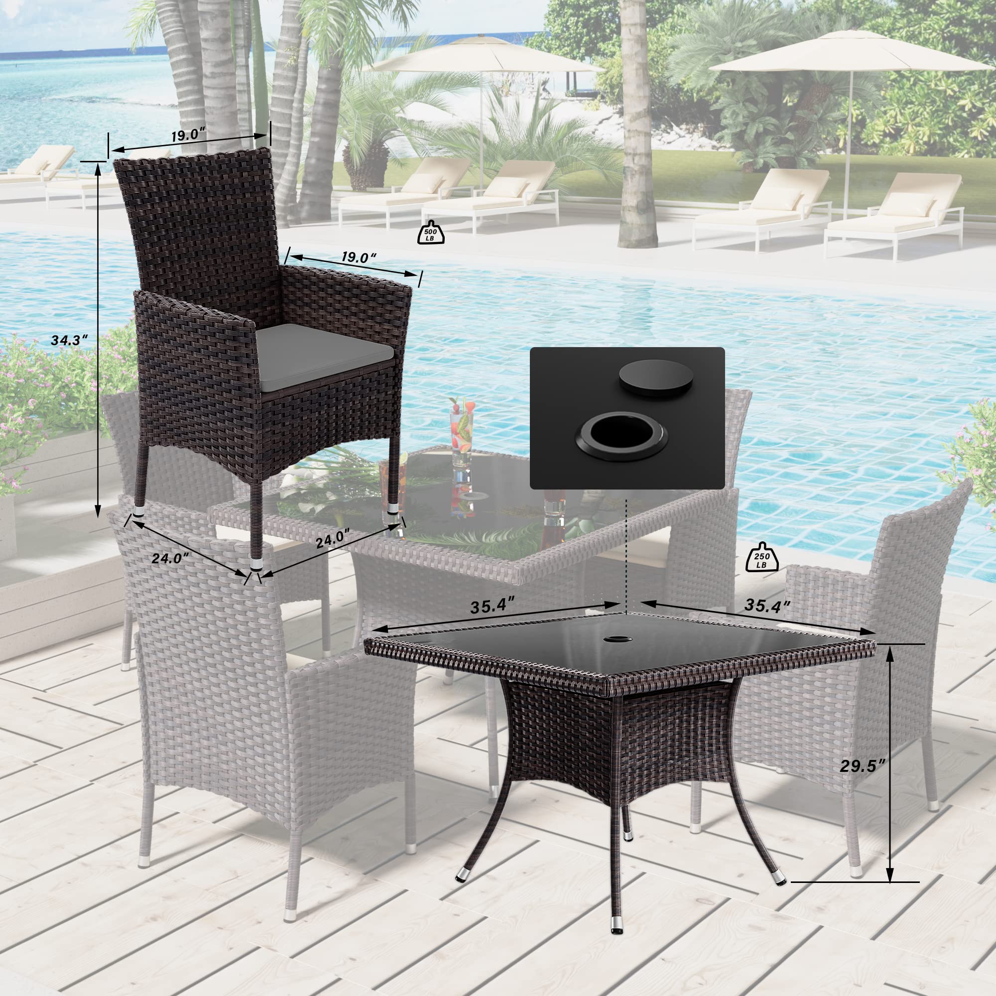 5-Piece Rattan Wicker Dining Set for 4 with Glass Top Table & Umbrella Hole - Indoor Outdoor Patio Furniture for Backyard, Garden, Poolside & Kitchen (Gray) - Perfect for Al Fresco Dining & Entertaining