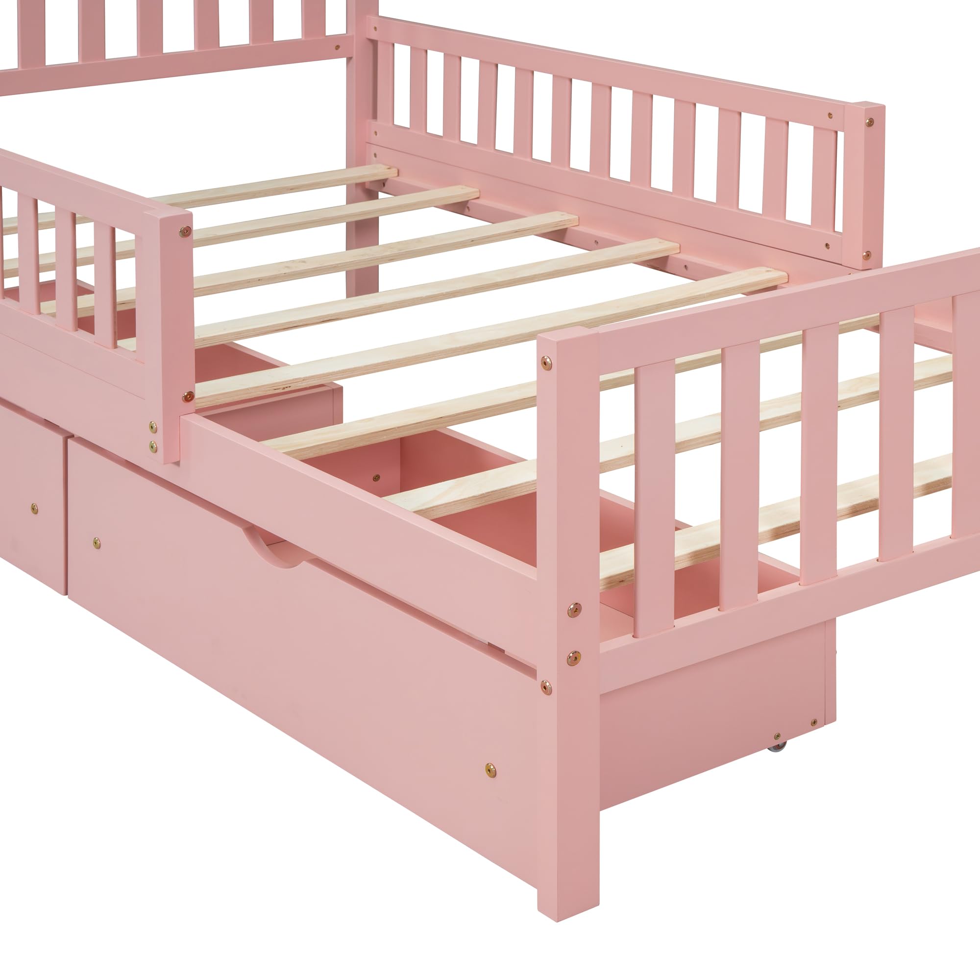 Pink Twin Size Kids Bed Frame with Guardrails, Low Platform Bed with Headboard & Footboard - 2 Storage Drawers for Boys & Girls | Perfect for Small Bedrooms, Daycare Centers & Kids' Sleepovers