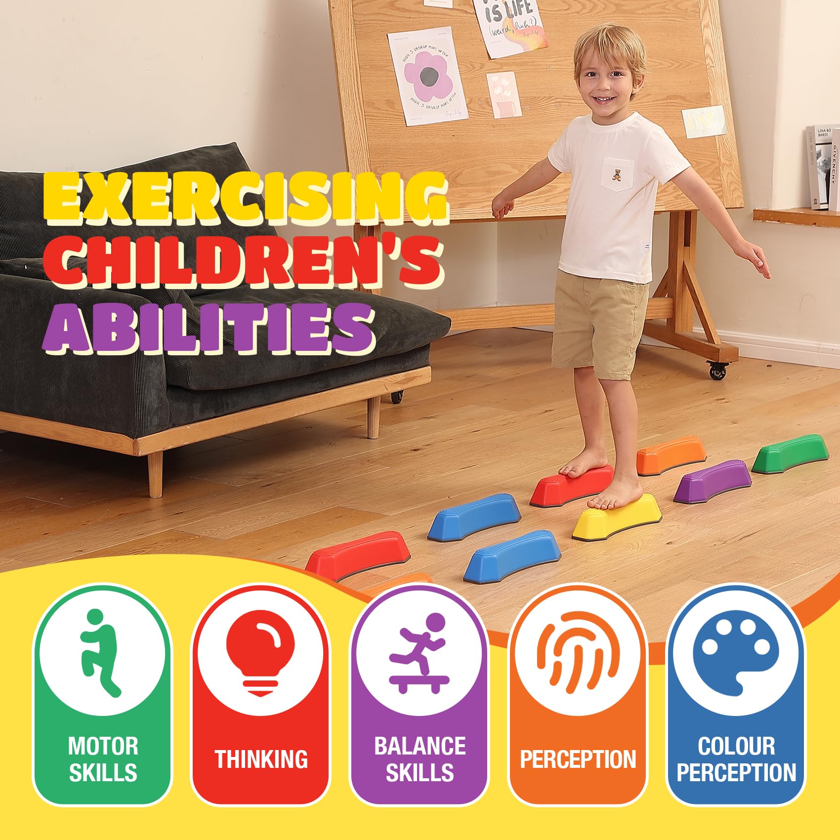 Non-Slip Stepping Stones for Kids - Balance Beam Sensory Toys for Toddlers | Improve Coordination & Stability | Outdoor Play Equipment for Backyard, Garden & Playroom Activities
