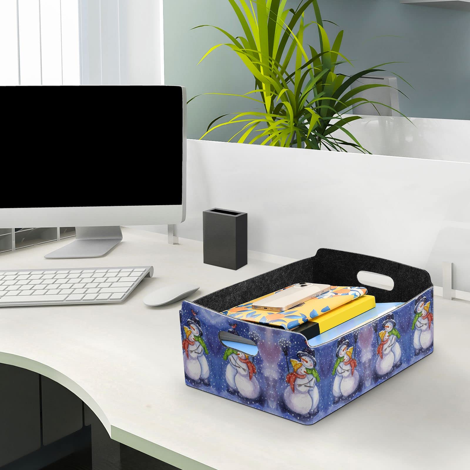 Mr. & Mrs. Snowman Watercolor Desk Organizer Tray - Blue Rectangular Felt Storage Plate for Jewelry, Vanity & Counter Organization | Foldable Detachable Valet Tray for Home, Office & Gift Giving