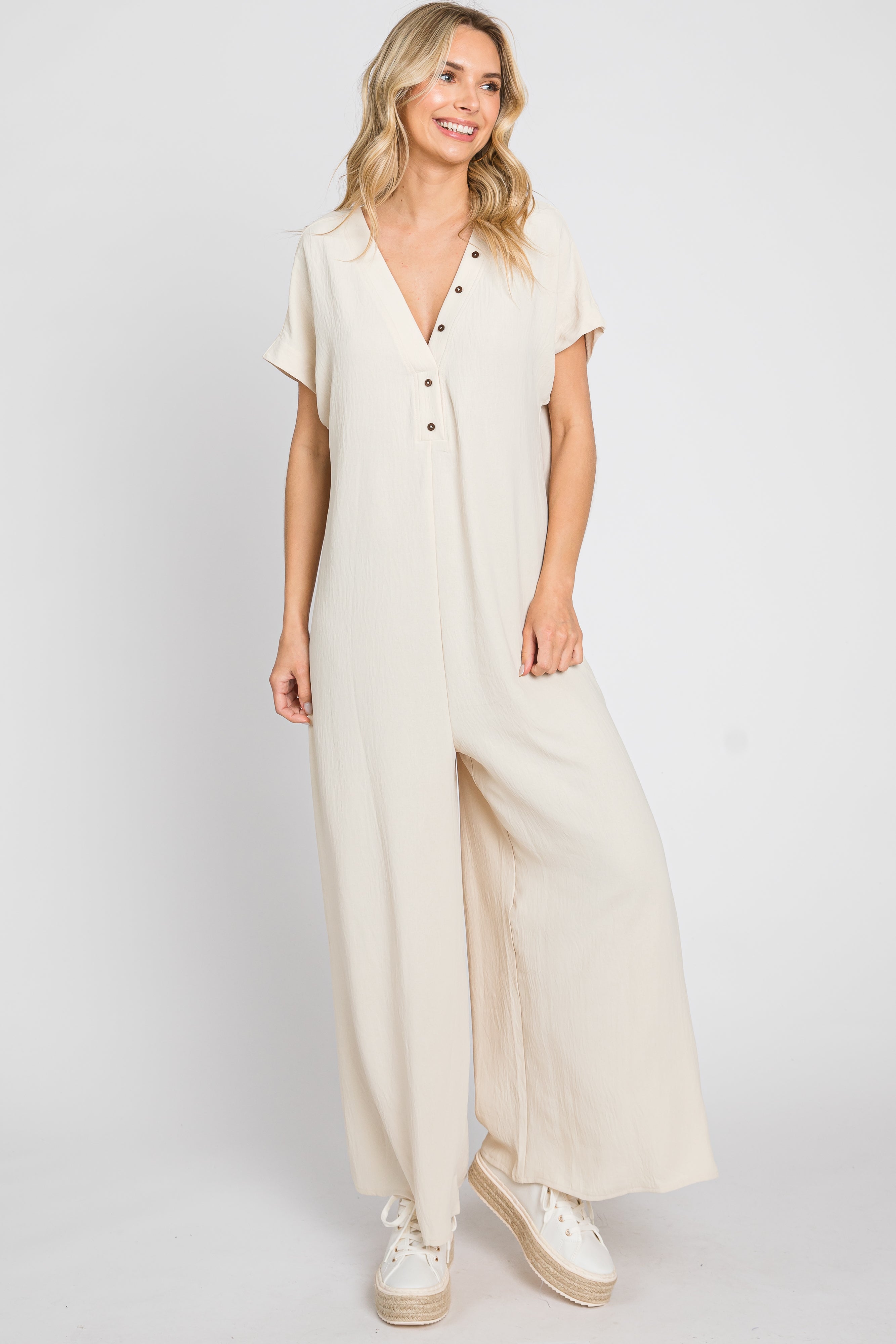 Beige Front Button Maternity Jumpsuit for Pregnancy - Comfortable Stretchy Romper for Moms-to-Be, Perfect for Casual Wear, Baby Showers & Maternity Photos