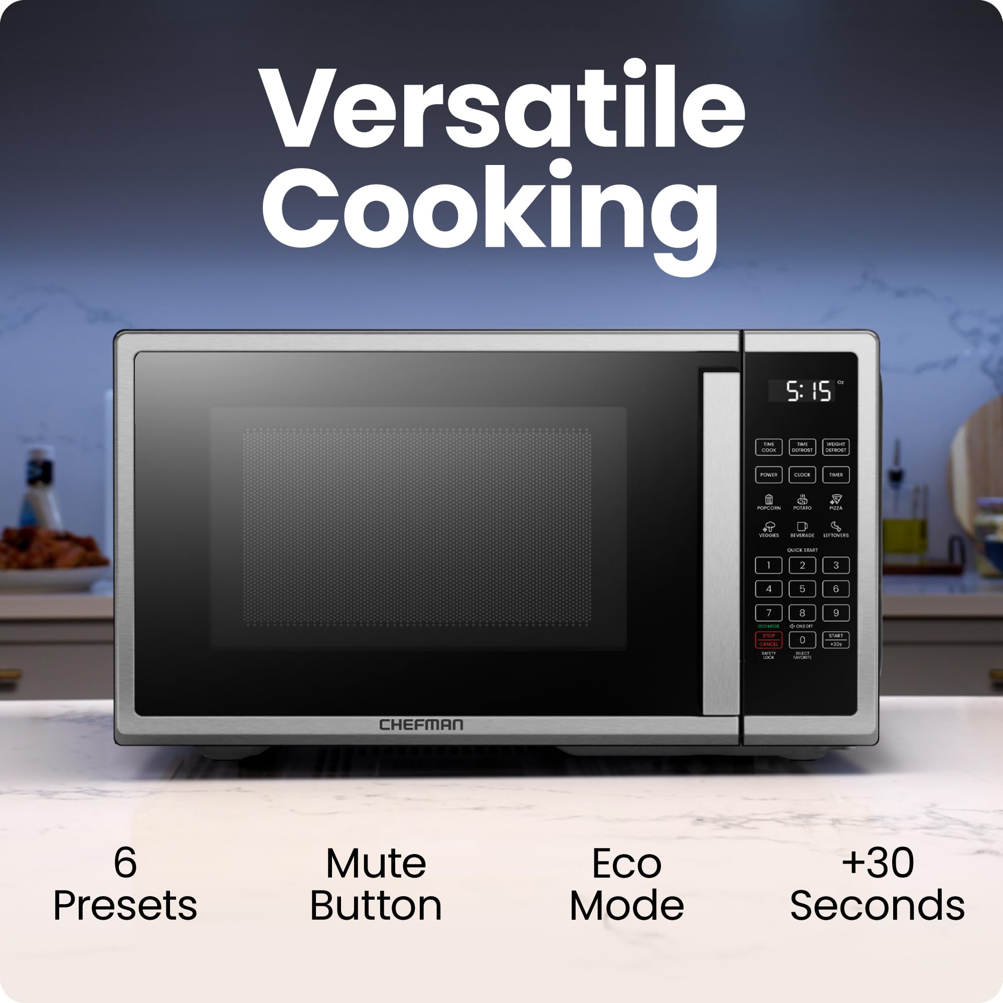 Chefman 0.7 Cu. Ft Stainless Steel Countertop Microwave Oven - 700W Digital Microwave with 6 Auto Menus, 10 Power Levels, Eco Mode & Child Lock - Perfect for Small Kitchens, Dorms & Offices