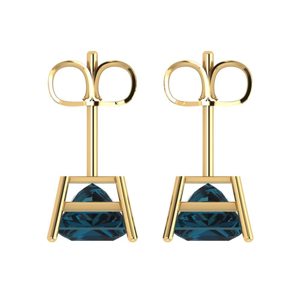 3.0 Carat Princess Cut Natural London Blue Topaz Stud Earrings in 14K Yellow Gold | Conflict-Free Solitaire | Designer Push Back Earrings for Women | Perfect for Weddings, Parties & Everyday Wear