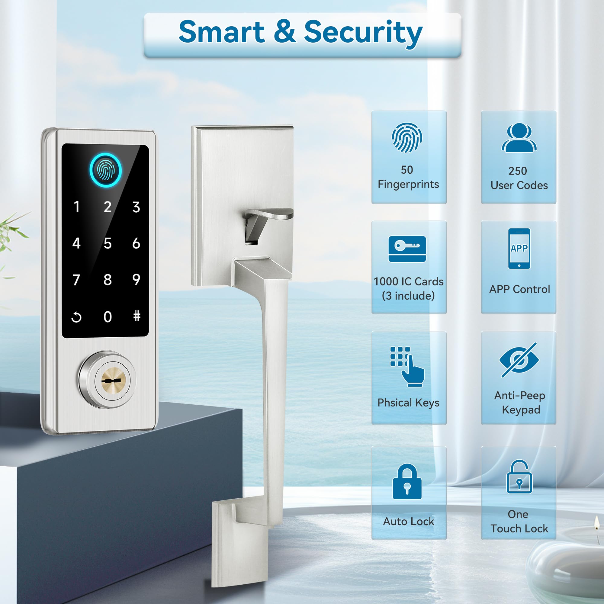 BEBASIA Smart Fingerprint Door Lock with Keyless Entry - Bluetooth Electronic Keypad Deadbolt with Handle in Satin Nickel - Perfect for Home, Office & Airbnb Security (Front Door Smart Lock Set)
