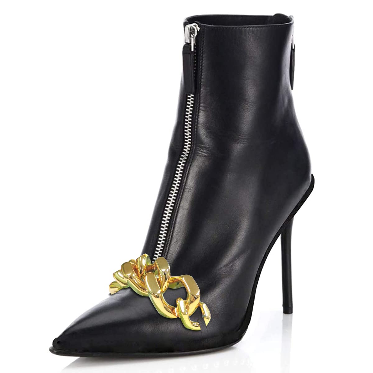 XYD Women's Fashion Double Zipper Ankle Boots with Gold Chain - Pointed Toe Stiletto High Heel Club Booties for Party, Night Out & Evening Events