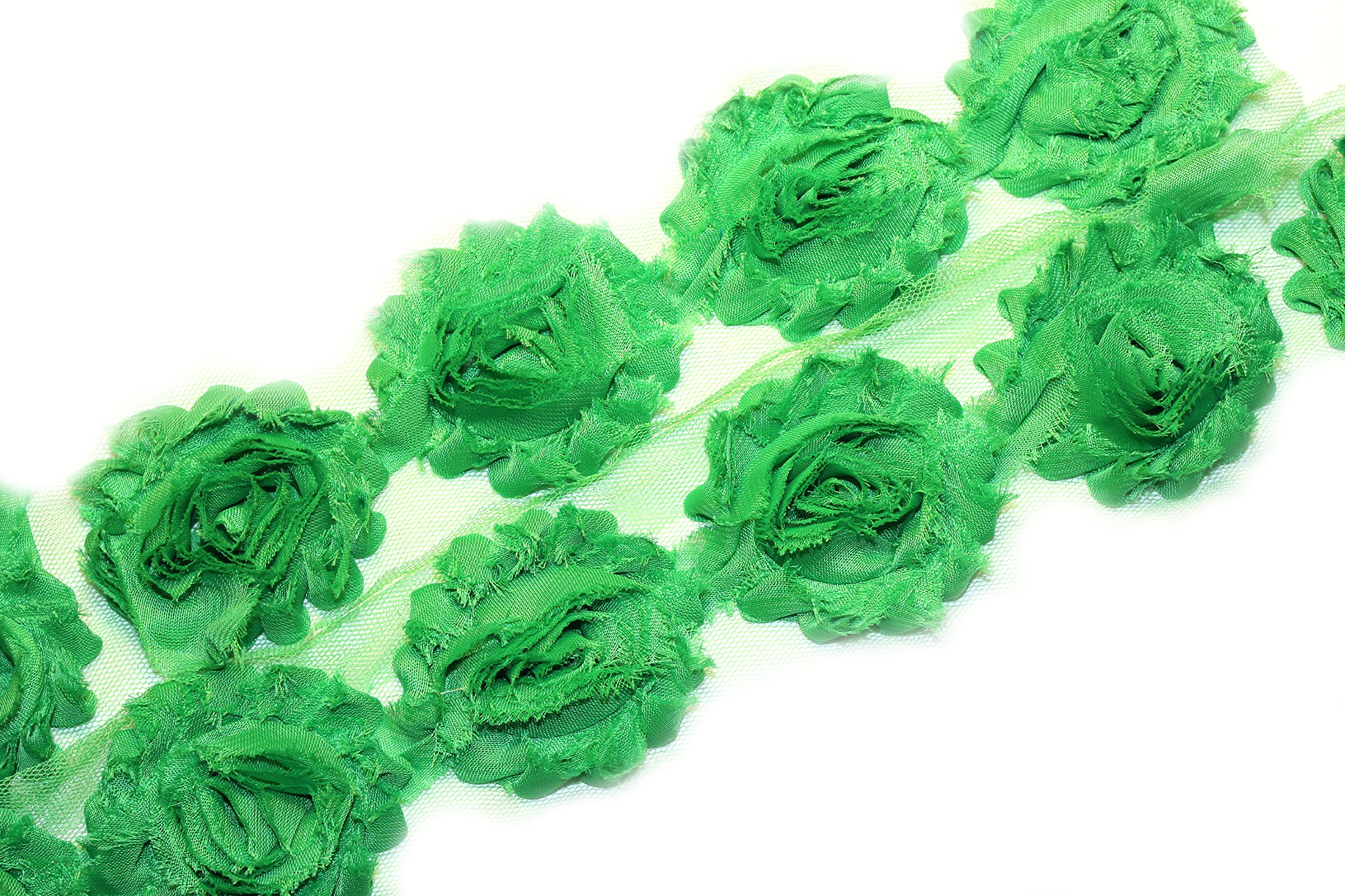 3 Yards 42-Piece 2.5 Inch Shabby Rose Trim - Green Chiffon Rosette Flowers for DIY Crafts, Wedding Decorations, and Hair Accessories