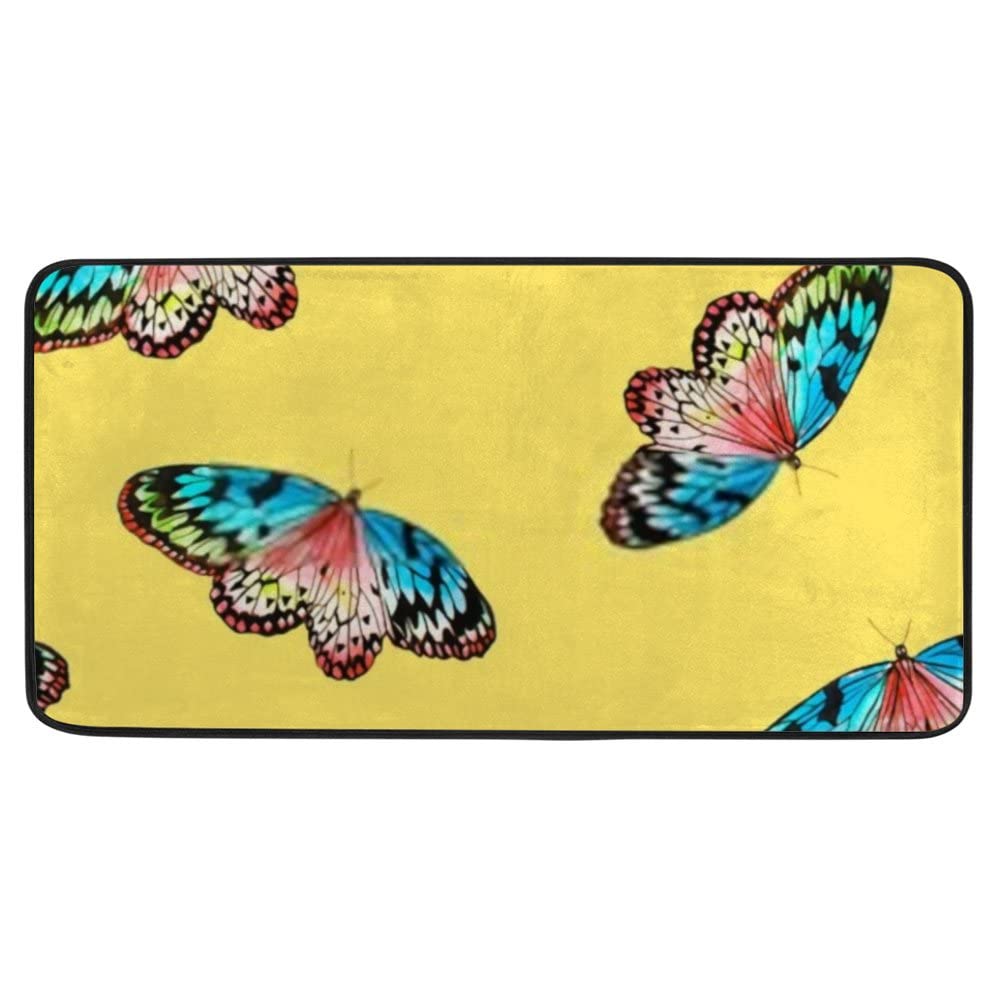 Non-Slip Butterfly Watercolor Kitchen Rug - Soft Plush Memory Foam Bath Mat - 39x20 Inch Extra Thick Machine Washable Floor Mat for Bathroom, Laundry Room & Entryway - Yellow Decorative Anti-Fatigue Rug