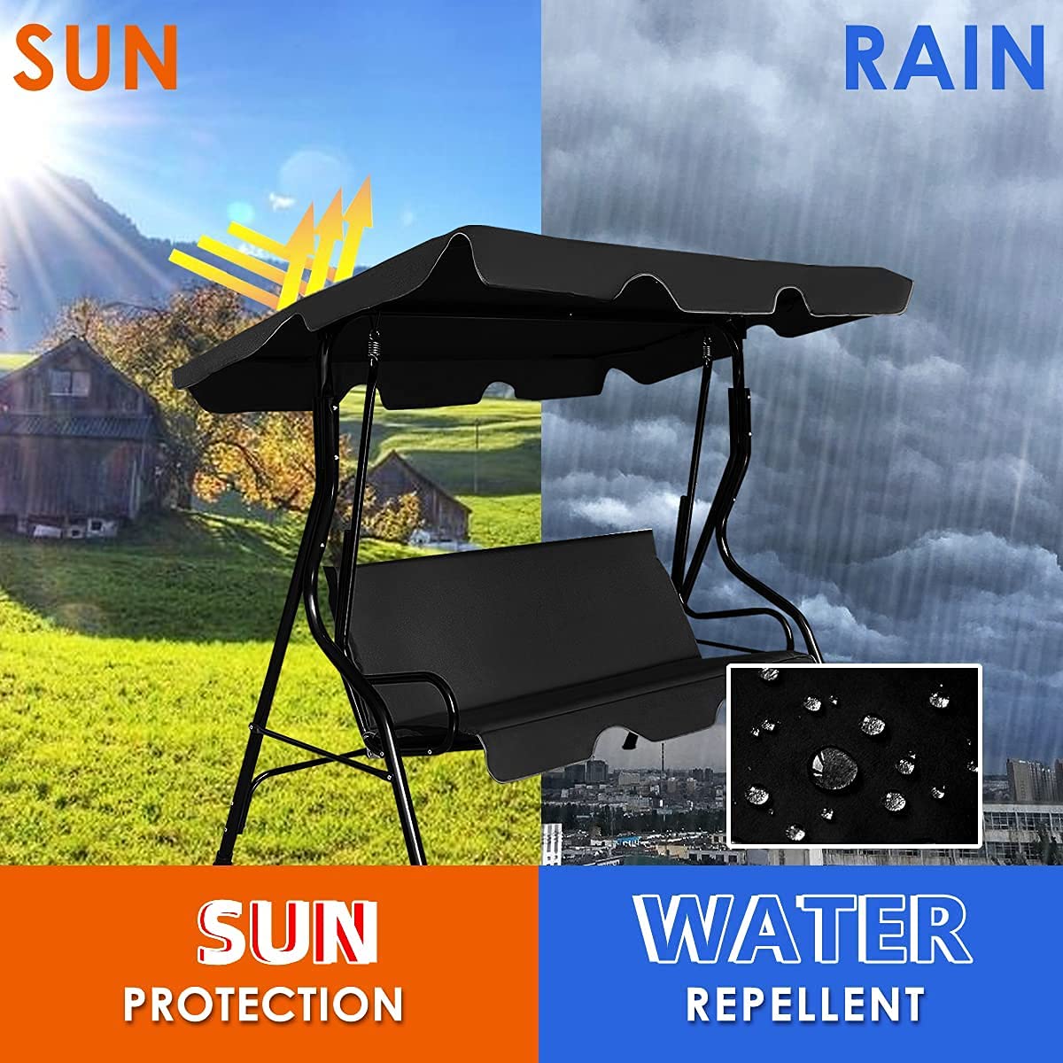 3-Seater Canopy Swing Chair for Patio - Waterproof Outdoor Hanging Cushioned Seat with Adjustable & Removable Canopy - Sturdy Steel Frame & Durable Polyester Oxford Fabric - Perfect for Backyard, Garden, Poolside Relaxation (Black)